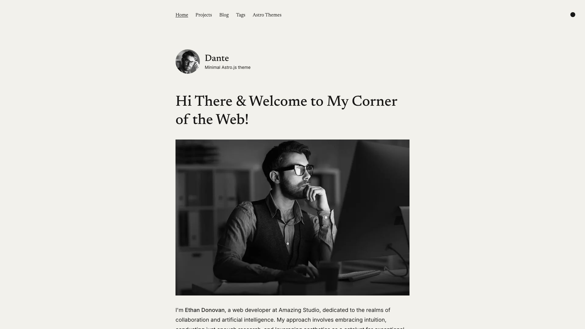 Dante free Astro blog and portfolio theme homepage