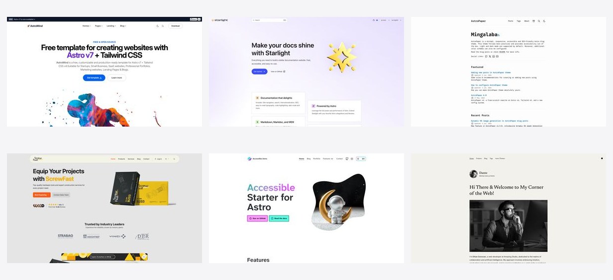 Free Astro templates collage: AstroWind, Starlight, AstroPaper, ScrewFast, Accessible Astro Starter and Dante