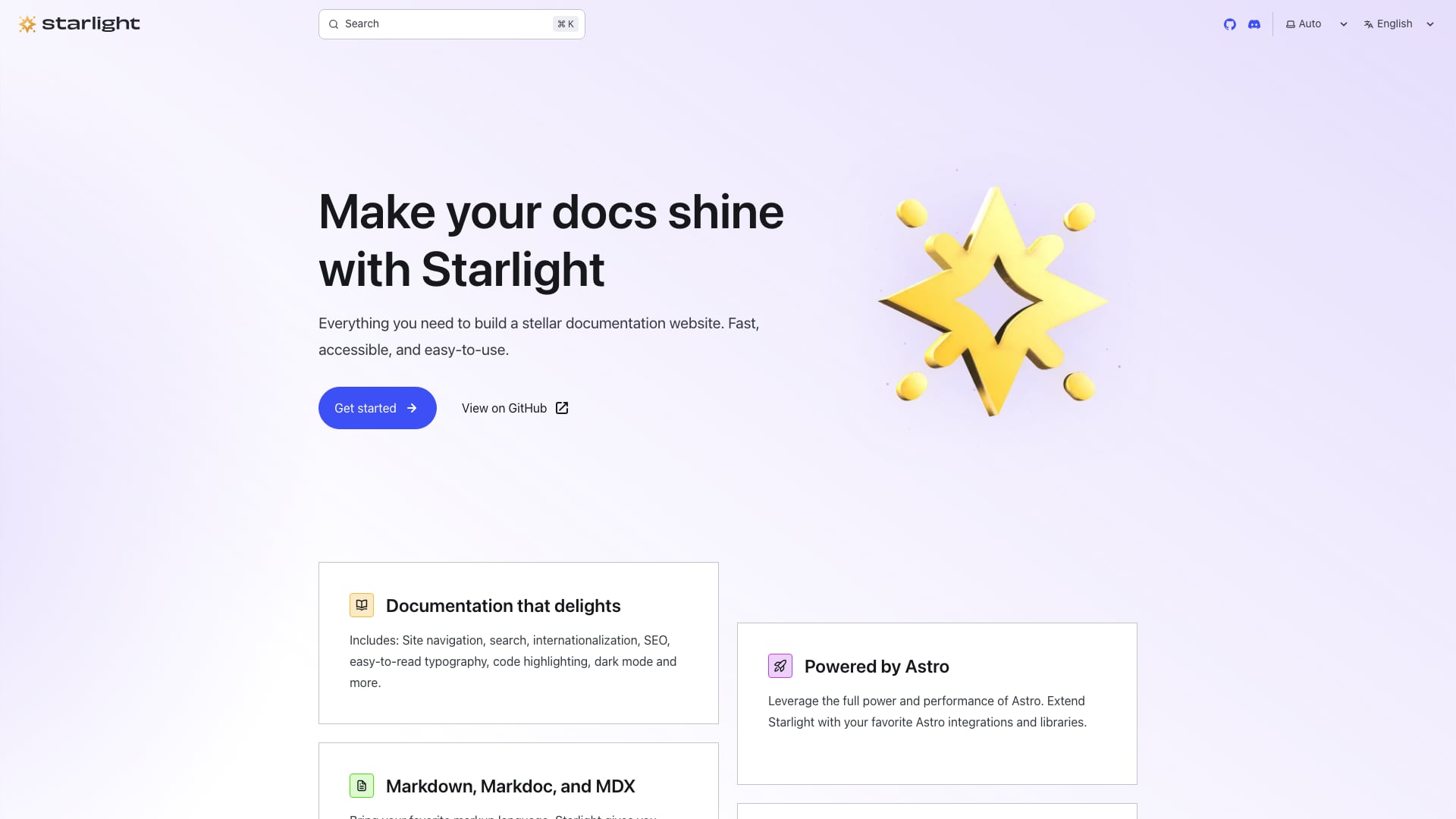 Starlight, the official Astro documentation theme, homepage