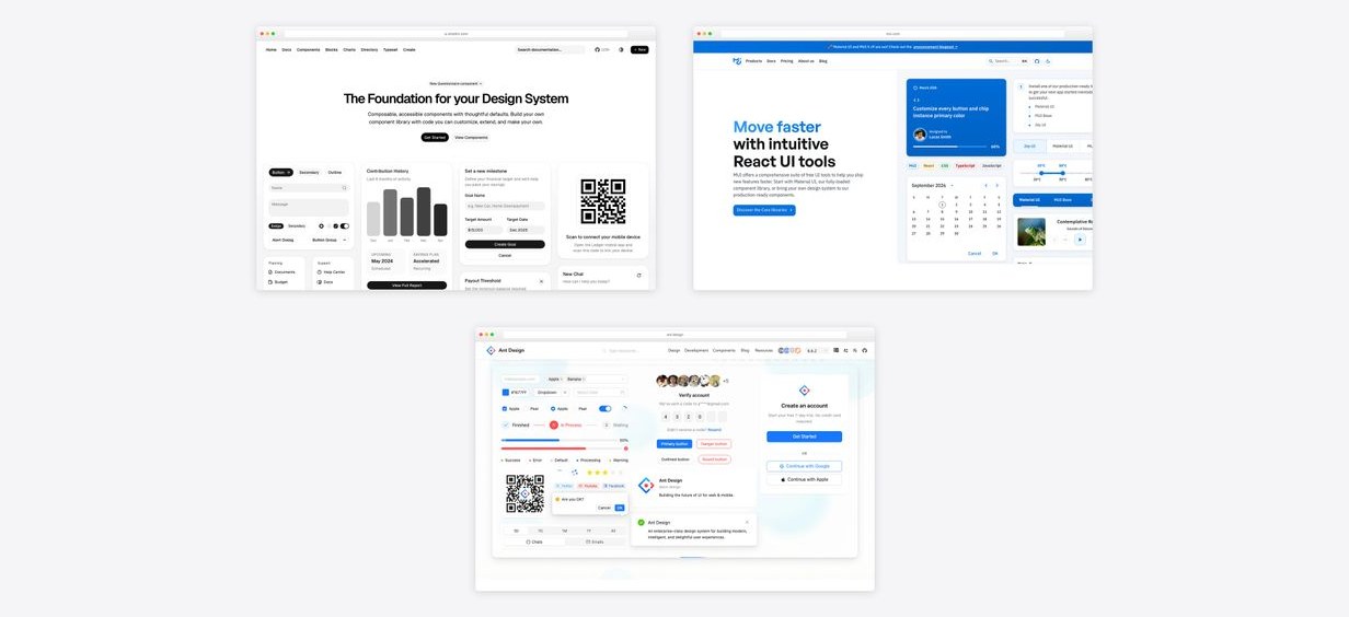 shadcn/ui, Material UI and Ant Design homepages shown side by side for comparison