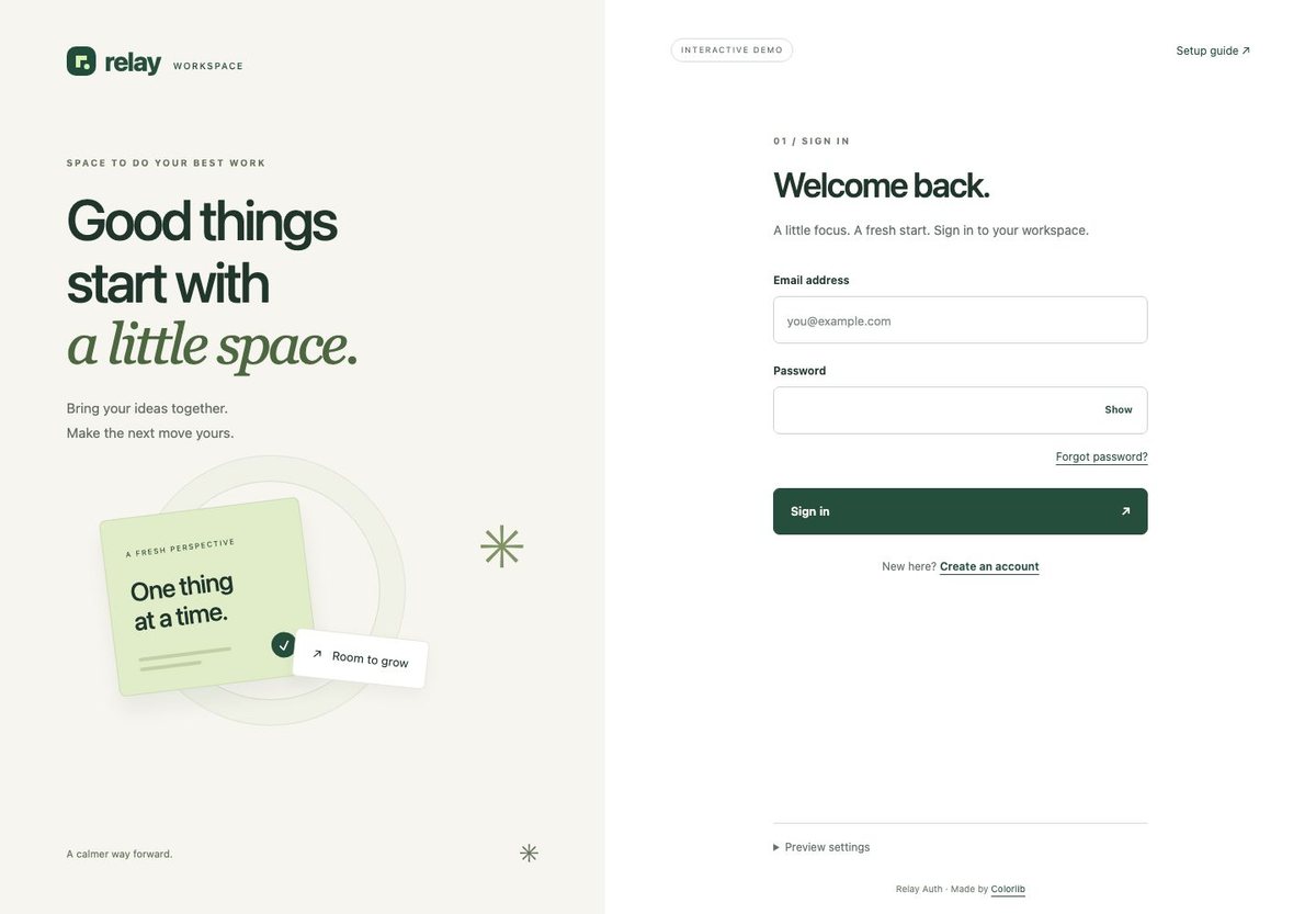 Relay Auth website authentication template with sign-in form and illustrated green sidebar