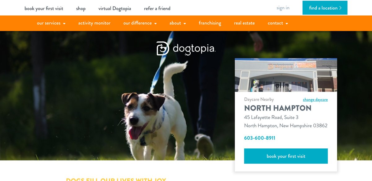 Dogtopia website with a location finder and first-visit booking action