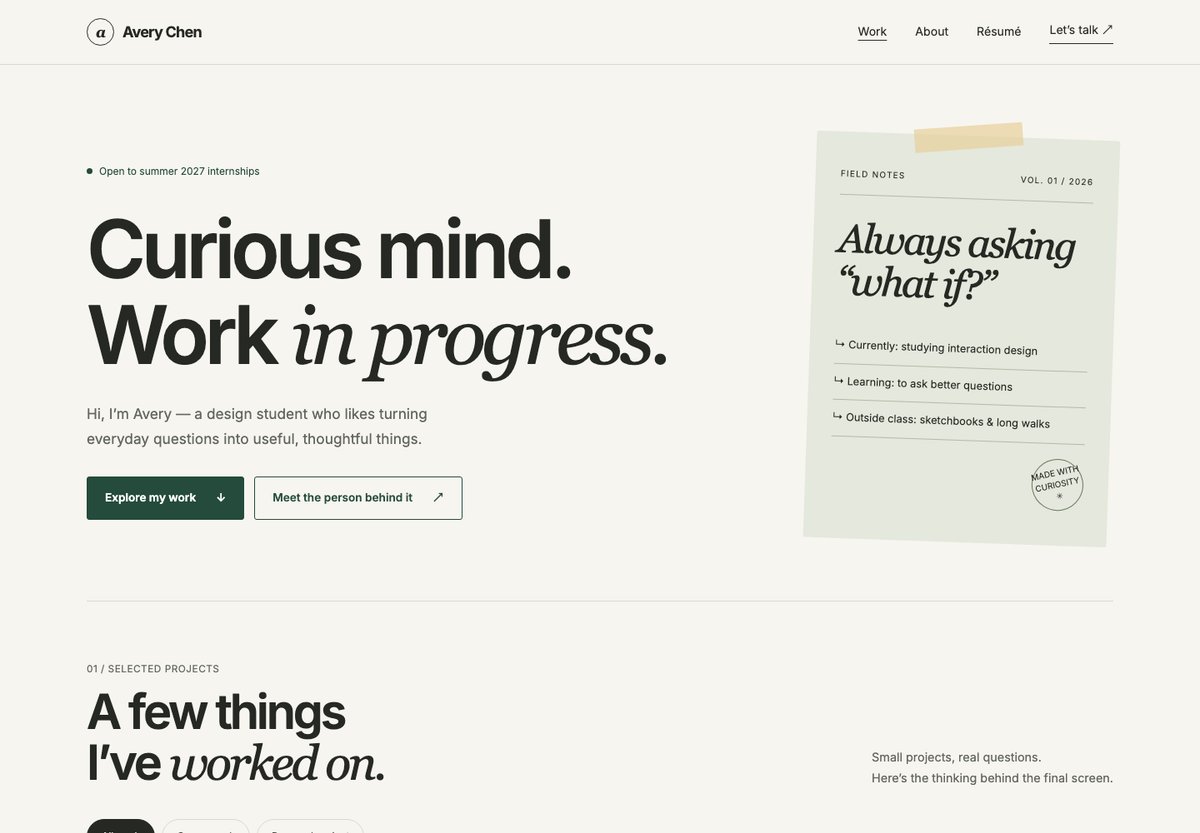 Fieldnotes Student portfolio template with project case studies, coursework and a résumé