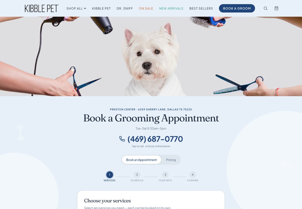 Kibble Pet grooming booking page with salon contact details and a four-step appointment form