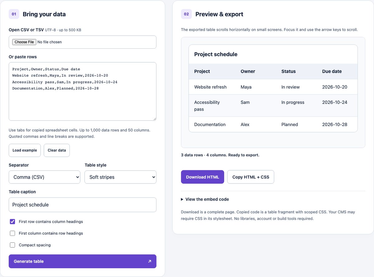 Colorlib Table Workbench with CSV input, style options and a generated HTML table preview