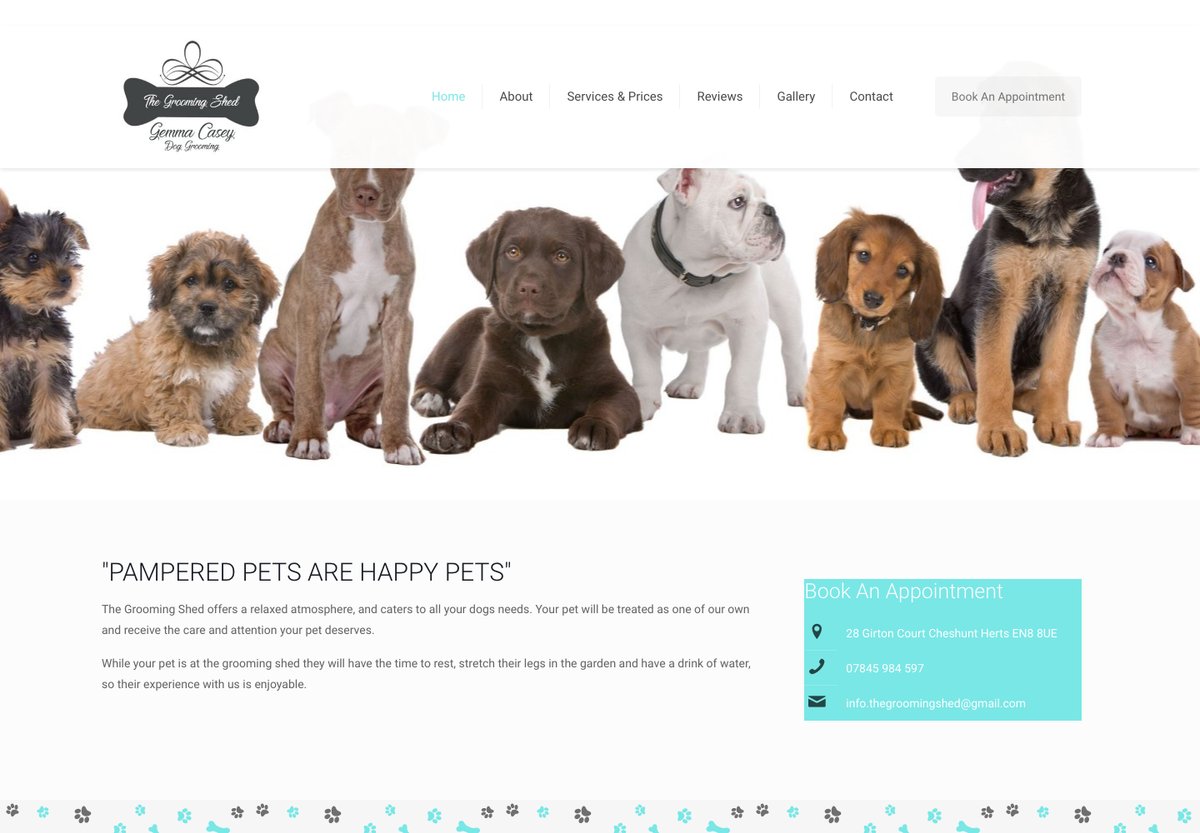 The Grooming Shed website with dog photography, service navigation and appointment contact details