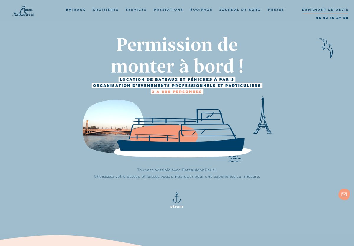 BateauMonParis WordPress website screenshot: hospitality and event enquiries