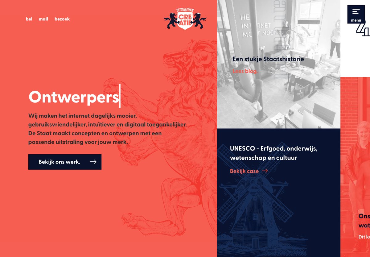 de Staat van Creatie WordPress website screenshot: design studio work and editorial content
