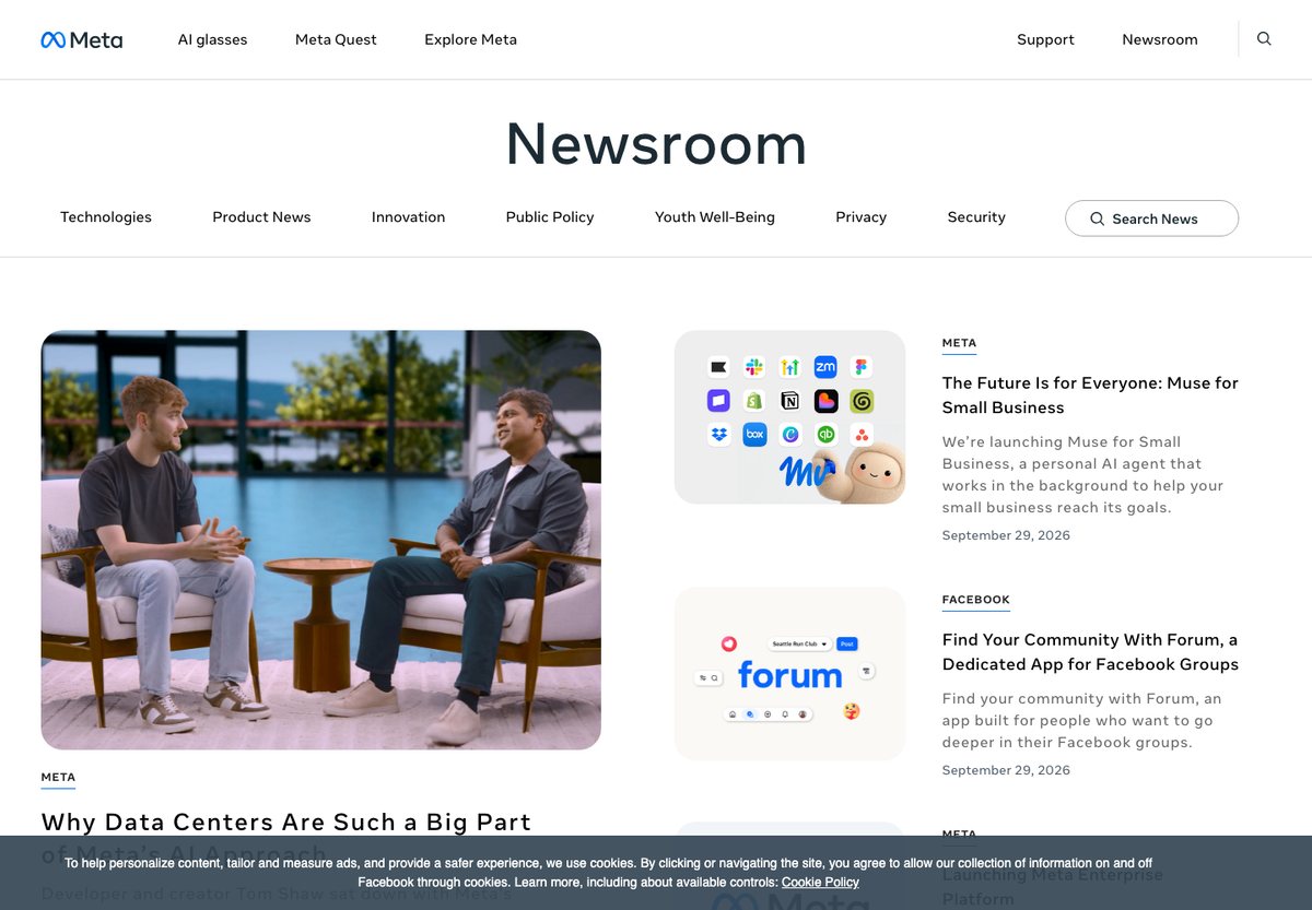Meta Newsroom WordPress website screenshot: corporate news
