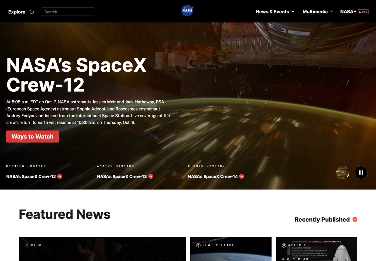 NASA WordPress website screenshot: large information library