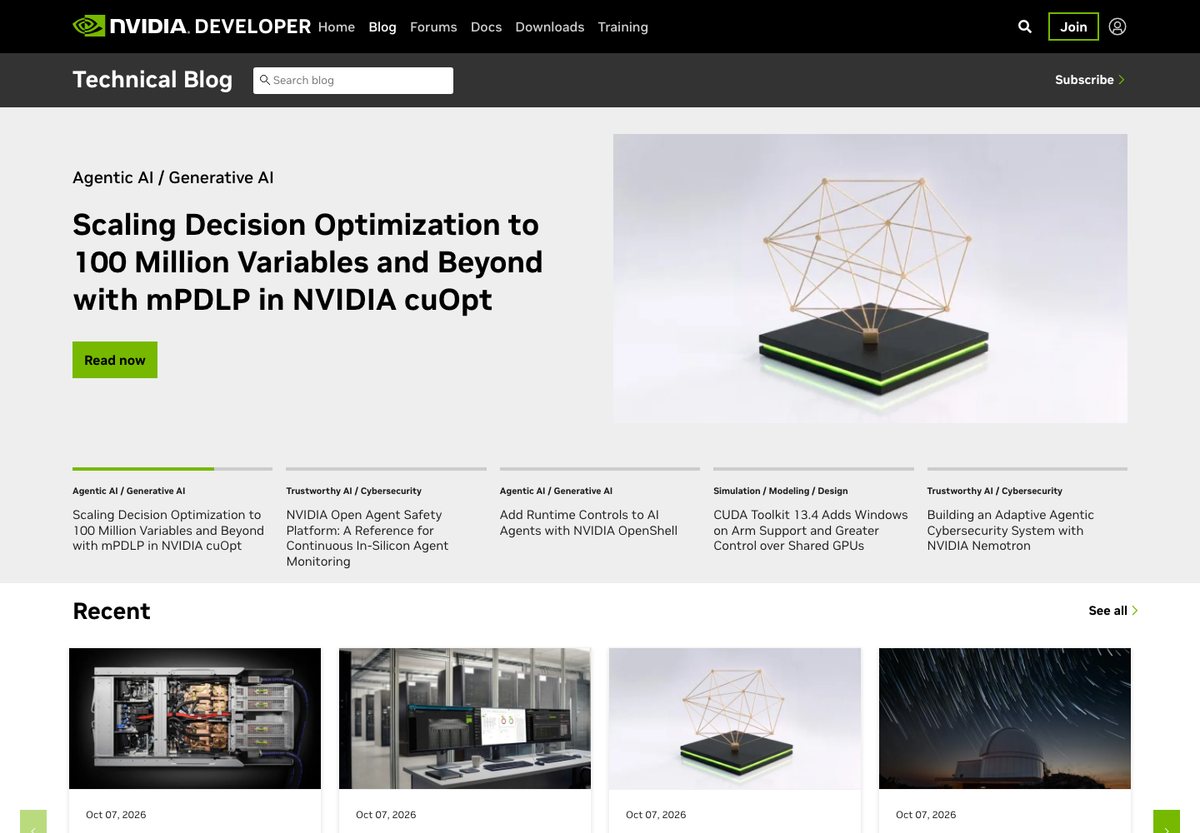 NVIDIA Developer Blog WordPress website screenshot: technical articles for developers