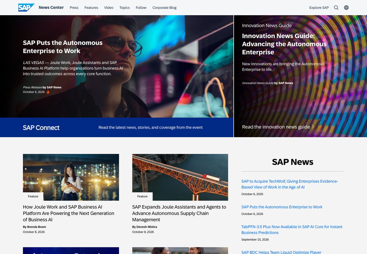 SAP News Center WordPress website screenshot: product announcements and press information