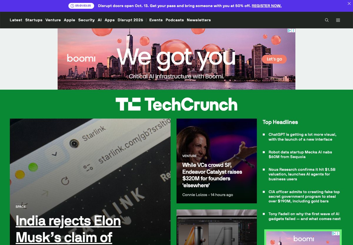 TechCrunch WordPress website screenshot: news publishing